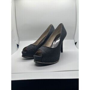Nine West Black Glittery Stiletto Platform Pumps Heels Sz 6.5M Slip On Open Toe